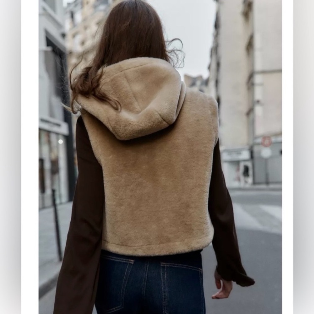 ZARA Tan Faux Shearling Fur Hooded Vest NWT - Picture 3 of 15
